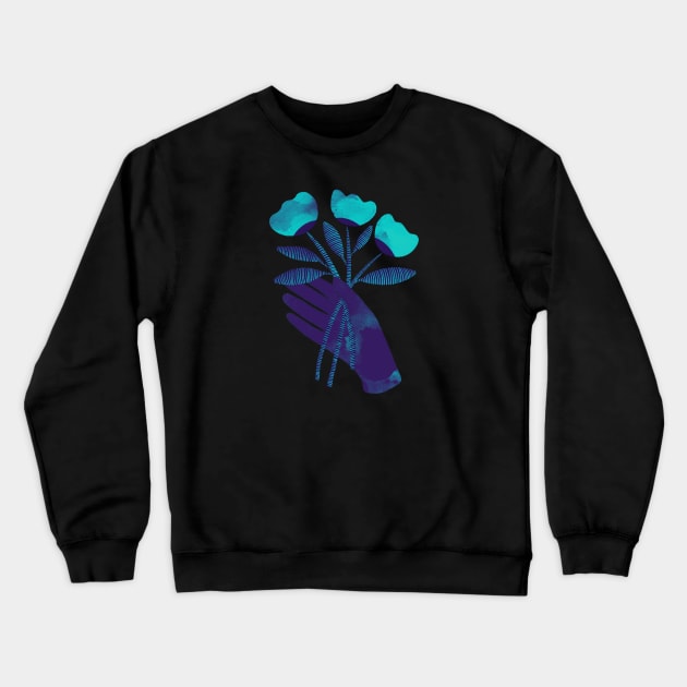 Dark purple blue hand with turquoise flowers for you on black Crewneck Sweatshirt by iulistration